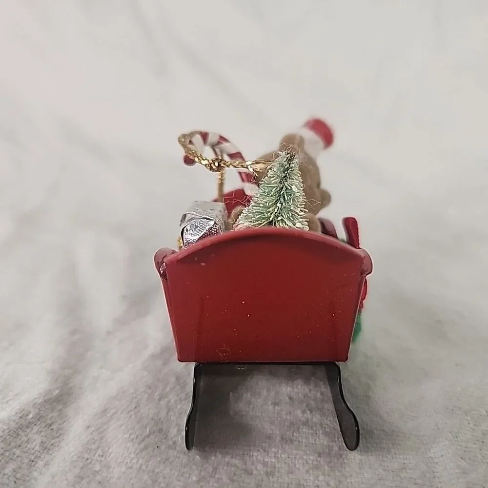 Red Metal Ornament Sleigh With Flocked Teddy Bear & Presents Russ Berrie 1980’s